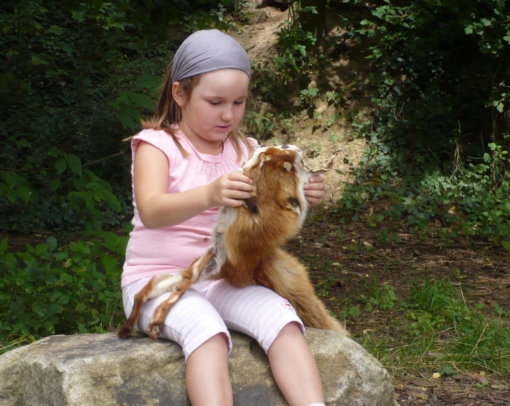 Ein Mädchen nimmt Kontakt auf mit einem Fuchsfell. Foto: Rainer Schwab